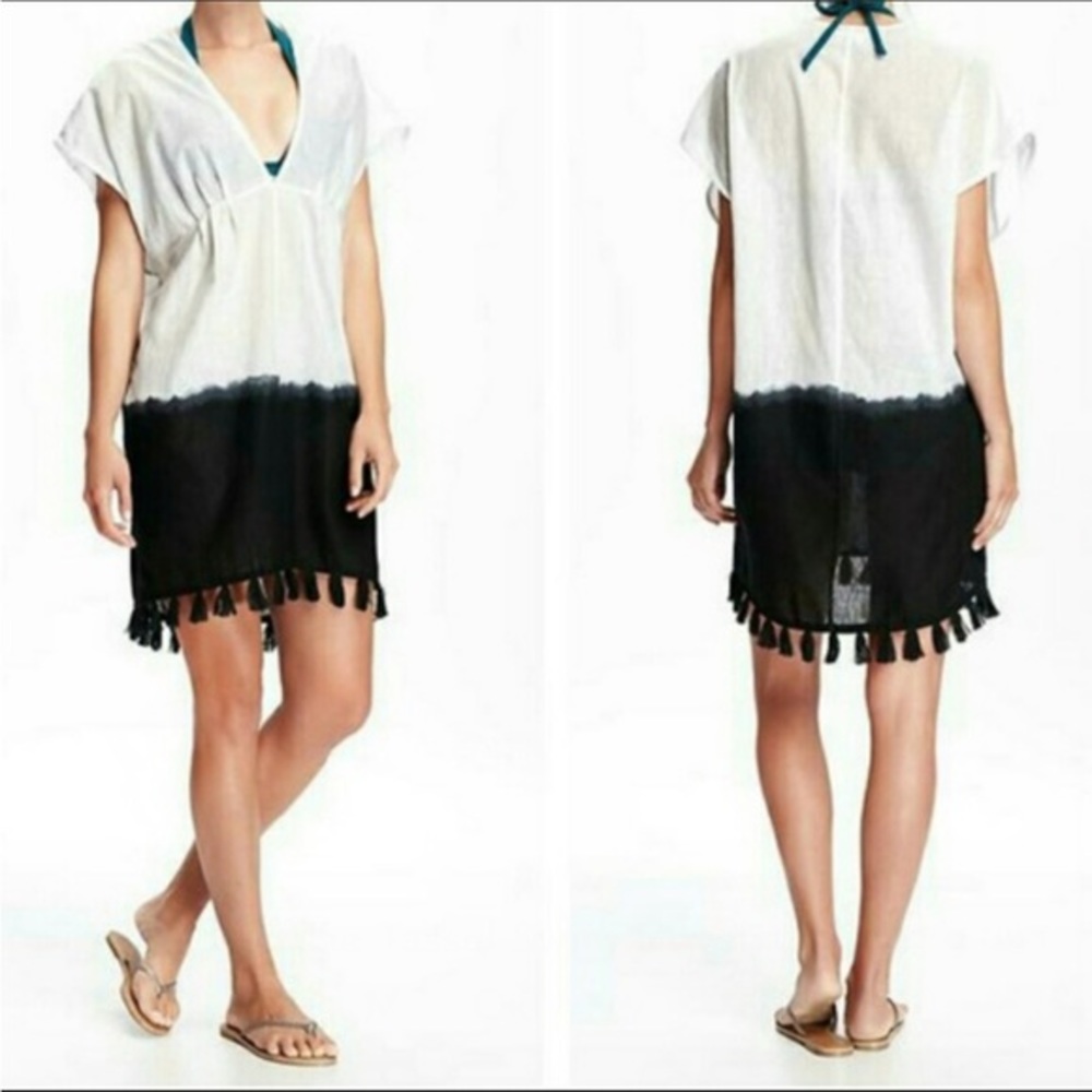 Old Navy Dip dyed ombre gauze fringe tassel swim cover up oversized boho XS